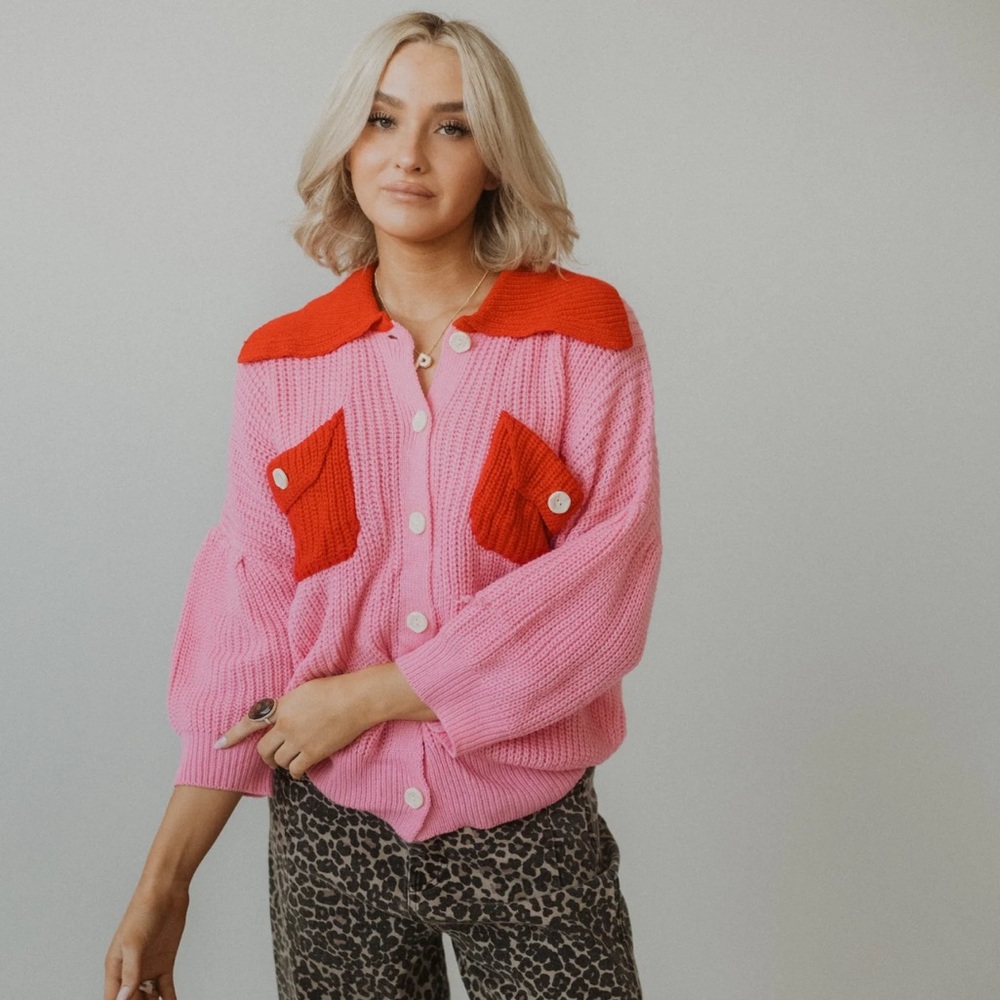Goldie Lew Pink and Red Button-Up Cardigan, Size Large